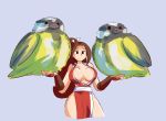  1girl bird bird_on_hand blue_tit breasts brown_eyes brown_hair fatal_fury fupoo japanese_clothes king_of_fighters large_breasts long_hair oversized_clothes pelvic_curtain ponytail pun revealing_clothes sash shiranui_mai side_slit sideboob solo tit_(bird) 