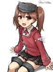  1girl brown_eyes brown_hair don_(29219) kantai_collection long_hair open_mouth ryuujou_(kantai_collection) skirt smile solo twintails visor_cap 