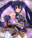  1girl absurdres armor bare_shoulders black_hair breasts choujigen_game_neptune hair_ornament hair_ribbon highres long_hair neptune_(series) noire planeptune red_eyes ribbon solo sword twintails weapon 