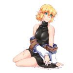  1girl arm_support bare_shoulders blonde_hair blush breasts covered_navel green_eyes halterneck looking_to_the_side mizuhashi_parsee ootsuki_wataru pointy_ears short_hair sitting solo touhou transparent_background yokozuwari 