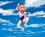  1girl ahoge blue_sky clouds hair_ornament i-58_(kantai_collection) jumping kantai_collection one-piece_swimsuit open_mouth pink_eyes pink_hair school_swimsuit school_uniform serafuku short_hair sky solo swimsuit swimsuit_under_clothes watanore 