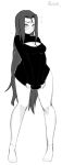  1girl bare_legs blush breasts cleavage cleavage_cutout embarrassed full_body greyscale highres long_hair looking_at_viewer monochrome naked_sweater open-chest_sweater original razalor socks solo sweater sweater_tug turtleneck very_long_hair 