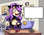  1girl blush breasts camilla_(fire_emblem_if) cleavage computer drooling empty_textbubbles fire_emblem fire_emblem_if hair_over_one_eye laptop long_hair my_unit_(fire_emblem_if) purple_hair setz solo strap_cleavage violet_eyes 