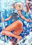  1girl bare_legs bracelet breasts covered_navel flower hair_flower hair_ornament jewelry kamiya_maneki kantai_collection long_hair looking_at_viewer one_eye_closed ro-500_(kantai_collection) sandals school_swimsuit short_hair silver_hair solo swimsuit swimsuit_under_clothes tan torpedo underwater water 
