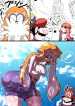 ! &gt;_&lt; 1boy 1girl 3koma :o ^_^ ass bent_over bike_shorts black_hair breasts closed_eyes clouds cloudy_sky comic crossover crying f.l.u.d.d. facial_hair fang from_behind grin hat highres huge_ass inkling kiwa_(pokemonwars) mario super_mario_bros. motion_lines mustache nintendo open_mouth orange_eyes orange_hair paint_stains parody pointy_ears shiny shiny_clothes shirt sky smile splatoon spoken_exclamation_mark style_parody super_mario-kun super_mario_bros. super_mario_sunshine tentacle_hair thumbs_up tower water wet wet_clothes white_shirt 