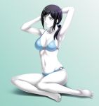  1girl armpits arms_behind_head bare_shoulders bikini black_hair blue_background breasts cleavage collarbone grey_eyes groin highres long_hair navel o-ring_bikini ponytail shiny shiny_hair sideboob solo swimsuit tamamon white_skin wii_fit wii_fit_trainer 