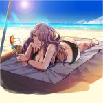  1girl ass bangs barefoot beach beach_towel bikini black_bikini blue_sky bracelet breasts camilla_(fire_emblem_if) fire_emblem_if goblet hair_over_one_eye hand_to_own_mouth holding horizon jewelry large_breasts lens_flare long_hair looking_at_viewer lying ocean official_art orange_slice outdoors purple_hair shade side-tie_bikini sky smile solo sun sunlight swimsuit violet_eyes 