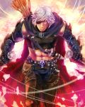  1boy abs arrow belt_buckle blue_eyes cape dagger dragon&#039;s_dogma dual_wielding eyepatch gauntlets ichinagi_(yellow_beans) male_focus pawn_(dragon&#039;s_dogma) quiver reverse_grip short_hair skull solo torn_cape weapon white_hair 