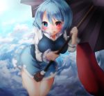  1girl blue_sky blush breasts clouds heterochromia highres juliet_sleeves large_breasts licking_lips long_sleeves looking_at_viewer puffy_sleeves shirt skirt sky smile solo tatara_kogasa tongue tongue_out touhou vest yozakura_retei 