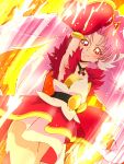  1girl arm_up bangs belt choker cure_scarlet detached_sleeves fire go!_princess_precure long_hair magical_girl parted_bangs pink_hair precure red_eyes red_skirt skirt smile solo tj-type1 towa_(go!_princess_precure) 
