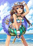  1girl arm_up beach bikini blue_eyes blush breasts brown_eyes character_doll clouds diving_mask diving_mask_on_head fingerless_gloves gloves hair_rings highres innertube large_breasts long_hair open_mouth original side-tie_bikini sky solo swimsuit twintails water wet yato 
