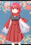  1girl :d blush bow flower forbidden_scrollery hair_bow hakama japanese_clothes kimono large_bow looking_at_viewer open_mouth puchimirin red_eyes redhead scarf see-through sekibanki short_hair smile solo touhou 