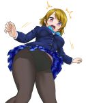  /\/\/\ 1girl blue_skirt blush breasts brown_hair from_below highres koizumi_hanayo love_live!_school_idol_project open_mouth panties panties_under_pantyhose pantyhose plaid plaid_skirt school_uniform short_hair simple_background skirt solo underwear violet_eyes wanao white_background 