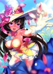  1girl :d bad_id bad_pixiv_id black_hair blurry breasts cleavage depth_of_field detached_collar dress flower gloves hat highres large_breasts lim_jaejin open_mouth petals pink_flower purple_eyes reaching_out smile solo thighhighs upper_teeth white_gloves white_legwear witch witch_hat 