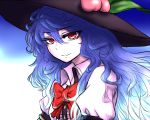  1girl blue_hair food fruit gradient gradient_background hat hinanawi_tenshi leaf long_hair looking_at_viewer miata_(pixiv) peach puffy_short_sleeves puffy_sleeves red_eyes ribbon short_sleeves sketch smile solo touhou upper_body 