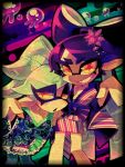  +_+ 2girls :o aori_(splatoon) breasts cleavage clownfish domino_mask fish_hair_ornament floral_print grin hair_ornament hair_rings hotaru_(splatoon) japanese_clothes kimono long_hair mask mole mole_under_eye multiple_girls no_nose obi orange_eyes purple_hair sarashi sash sharp_teeth short_hair silver_hair smile splatoon symbol-shaped_pupils tentacle_hair 