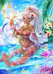 1girl ankle_lace-up arm_support armband barefoot bikini breasts cleavage collar cross-laced_footwear dark_skin feet fish flower hair_flower hair_ornament highres large_breasts long_hair navel original ponytail silver_hair sitting smile soles solo staff swimsuit toes water yamadaokutarou yellow_eyes 
