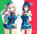  2girls :o adapted_costume alternate_costume atago_(kantai_collection) beret black_hair blonde_hair blue_eyes blush breasts cowboy_shot dated detached_sleeves dress garter_straps hands_on_hips hat highres italian_flag jpeg_artifacts kantai_collection large_breasts littorio_(kantai_collection)_(cosplay) long_hair looking_at_viewer miniskirt multiple_girls open_mouth red_eyes short_hair skirt smile solo striped striped_background takao_(kantai_collection) tbd11 thigh-highs white_legwear 