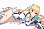  1girl angela_balzac bare_shoulders blonde_hair blue_eyes boots breasts covered_navel elbow_gloves gloves hair_between_eyes hair_spread_out headgear highleg highleg_leotard highres knee_boots large_breasts leotard long_hair lying on_side parted_lips rakuen_tsuihou saitou_masatsugu scan shadow simple_background solo thigh_strap very_long_hair white_background 
