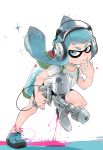  1girl 81push airbrush bike_shorts blue_eyes blue_hair finger_in_mouth headphones inkling paint_splatter running sparkle splatoon t-shirt tank_(container) tentacle_hair 