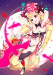  1girl :d blonde_hair breasts cleavage detached_collar drill_hair fangs highres horns kyona_(konakona) long_hair looking_at_viewer million_arthur_(series) navel open_mouth red_eyes smile thigh-highs twin_drills 