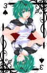  1girl antennae brooch cape card clenched_hand green_eyes green_hair highres jewelry open_mouth playing_card short_sleeves solo spades_(playing_card) symmetry touhou wriggle_nightbug yoiti 