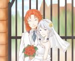  2girls blue_eyes bouquet braid bridal_veil crossdressinging dress flower formal gate hong_meiling izayoi_sakuya jewelry mitsu_(mitu_ll) multiple_girls necklace necktie pant_suit pearl_necklace redhead scarlet_devil_mansion side_braid silver_hair smile suit touhou veil wedding wedding_dress yuri 