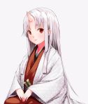  1girl highres japanese_clothes long_hair looking_at_viewer oni oni_horns original pointy_ears red_eyes shiro_shougun simple_background solo white_background white_hair 