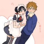  1boy 1girl alternate_costume alternate_hairstyle black_hair blue_eyes blush braid brown_eyes brown_hair couple enmaided kitashirakawa_tamako long_hair maid momose_(oqo) school_uniform short_hair tamako_market thigh-highs 