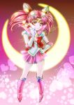  1girl bishoujo_senshi_sailor_moon boots bow brooch chibi_usa colored_eyelashes crescent double_bun elbow_gloves gloves hair_ornament hairpin hand_on_hip heart highres jewelry knee_boots magical_girl pink_boots pink_hair pink_moon_stick pink_skirt red_bow red_eyes sailor_chibi_moon sailor_collar short_hair skirt smile solo standing tiara tsukasaki_haruko twintails wand white_gloves 
