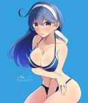  1girl 2015 ahoge alternate_costume artist_name bikini black_hair blue_background blush breast_rest breasts cleavage dated headband highres kantai_collection large_breasts long_hair looking_at_viewer open_mouth shiny shiny_skin signature simple_background solo strap_gap swimsuit tbd11 ushio_(kantai_collection) 