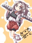  1girl brown_hair darkside egg food_in_mouth grey_eyes hachimaki headband kantai_collection mouth_hold muneate ponytail sandals shorts solo wide_sleeves zuihou_(kantai_collection) 