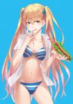  1girl :p bikini blonde_hair blue_background blue_nails breasts churayuki cleavage cowboy_shot highres hot_dog ketchup licking_lips nail_polish navel original red_eyes simple_background smile solo swimsuit tongue tongue_out twintails wet 