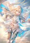  1girl armored_boots belt black_legwear blonde_hair blue_eyes cape covered_navel gauntlets highres holding_weapon jugatsu_junichi long_hair looking_at_viewer million_arthur_(series) pantyhose smile solo sword thighband_pantyhose weapon 