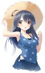  1girl armpits black_hair blush breasts brown_eyes chagen_kokimu hand_on_headwear hat highres kantai_collection large_breasts looking_at_viewer open_clothes open_mouth open_skirt polka_dot polka_dot_swimsuit skirt solo straw_hat swimsuit ushio_(kantai_collection) 