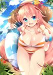  1girl :d absurdres bikini blue_eyes blush breasts flower hair_ornament hairclip hat highres large_breasts long_hair looking_at_viewer open_mouth original pink_hair ribbon rotte_(1109) smile solo straw_hat striped striped_bikini striped_swimsuit swimsuit very_long_hair 