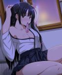 1girl adjusting_hair black_hair blush breasts cleavage highres indoors japanese_clothes kantai_collection kimono long_hair looking_at_viewer mouth_hold night nijimotohiro_k off_shoulder shouhou_(kantai_collection) sitting skirt solo sweat tears thighs very_long_hair violet_eyes window 