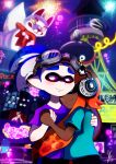  aori_(splatoon) arm_around_shoulder blue_hair blush closed_eyes commentary couple dancing dark_skin festival fireworks goggles goggles_on_head head_on_shoulder headphones height_difference hetero holding_hands inkling long_hair mask orange_hair pink_eyes pointy_ears short_hair smile splatoon t-shirt tamarinfrog tentacle_hair 