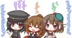  3girls :d :o ^_^ akitsu_maru_(kantai_collection) bangs bare_shoulders black_gloves black_hair black_hat black_jacket black_serafuku black_shirt black_skirt blue_eyes blush breasts brown_hair cleavage closed_eyes collarbone dated eyebrows_visible_through_hair fumizuki_(kantai_collection) gloves green_hat green_shirt grey_eyes hair_between_eyes hair_ornament hands_up hat headgear high_ponytail jacket kantai_collection komakoma_(magicaltale) long_hair long_sleeves looking_at_viewer maya_(kantai_collection) medium_breasts military military_uniform mini_hat multiple_girls navel necktie open_mouth parted_lips peaked_cap pleated_skirt ponytail school_uniform serafuku shirt simple_background skirt sleeveless sleeveless_shirt smile sweatdrop translation_request twitter_username uniform very_long_hair white_background white_neckwear white_skirt x_hair_ornament 