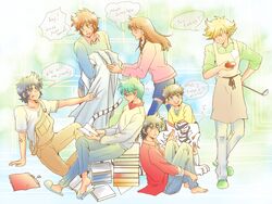  6+boys apron barefoot bed_sheet blonde_hair blue_eyes blue_legwear blush book brown_hair byakuen date_seiji denim earrings english engrish glasses green_eyes hair_over_one_eye hashiba_touma headband hiro_(minorstar) jeans jewelry ladle long_hair mouri_shin multiple_boys nasti_yagyu off_shoulder open_book overalls pants ranguage reading sanada_ryou shue_rei_fuan sitting slippers speech_bubble thigh-highs tiger white_tiger yamano_jun yoroiden_samurai_troopers zettai_ryouiki 