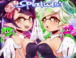  +_+ 2girls :d aori_(splatoon) blush copyright_name detached_collar fang food food_on_head gloves hotaru_(splatoon) kawasaki_ako long_hair mask mole mole_under_eye multiple_girls object_on_head open_mouth orange_eyes pointy_ears short_hair smile splatoon squid sushi twitter_username white_gloves 