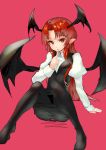  1girl arm_support bat_wings black_legwear finger_to_mouth head_wings koakuma long_hair looking_at_viewer open_mouth pantyhose pointy_ears polpol red_background red_eyes redhead sitting skirt slit_pupils solo touhou vest wings 