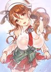  1girl breasts brown_eyes brown_hair detached_sleeves hat kantai_collection large_breasts littorio_(kantai_collection) long_hair looking_at_viewer necktie open_mouth otabe_sakura solo 