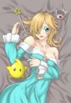  1girl :d bare_shoulders blonde_hair blue_eyes breasts chiko_(mario) cleavage collarbone crown earrings hair_over_one_eye highres jewelry long_dress long_hair long_sleeves looking_at_viewer lying super_mario_bros. on_back open_mouth ozaneko rosetta_(mario) smile star star_earrings super_mario_bros. super_mario_galaxy wand 