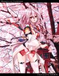  1girl absurdres artist_name braid breasts cherry_blossoms cleavage hair_ribbon highres japanese_clothes katana khibiki_(brequiem) letterboxed long_hair looking_at_viewer obi open_mouth original panties pink_hair red_eyes ribbon sash shoulder_pads side_braid solo sword underwear weapon white_legwear white_panties 