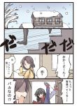  &gt;_&lt; 2girls 4koma :d black_hair black_legwear bottle brown_hair comic commentary_request mikkii multiple_girls open_mouth original scarf shaded_face smile snowing speed_lines stairs sweatdrop translation_request waving xd 