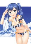  1girl bikini blue_eyes blue_hair imai_midori long_hair mochiko_(mochiko3121) navel salute shirobako side_ponytail stomach swimsuit 