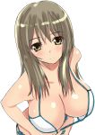  1girl bikini blush breasts brown_eyes brown_hair large_breasts long_hair looking_at_viewer pettaka side-tie_bikini simple_background smile solo swimsuit white_background white_bikini white_swimsuit 