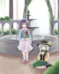  2girls ankle_boots ankle_socks aqua_hair arch blouse boots bush expressionless fountain frilled_sleeves frills green_eyes hairband hands_on_lap hands_on_own_chest hat hat_ribbon heart highres khylimei komeiji_koishi komeiji_satori looking_at_viewer multiple_girls on_ground purple_hair ribbon short_hair siblings sisters sitting sketch skirt slippers smile third_eye touhou vines violet_eyes wariza 