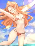  1girl arms_up beach bikini brown_hair closed_eyes golden_time kaga_kouko long_hair masapeko open_mouth solo water 